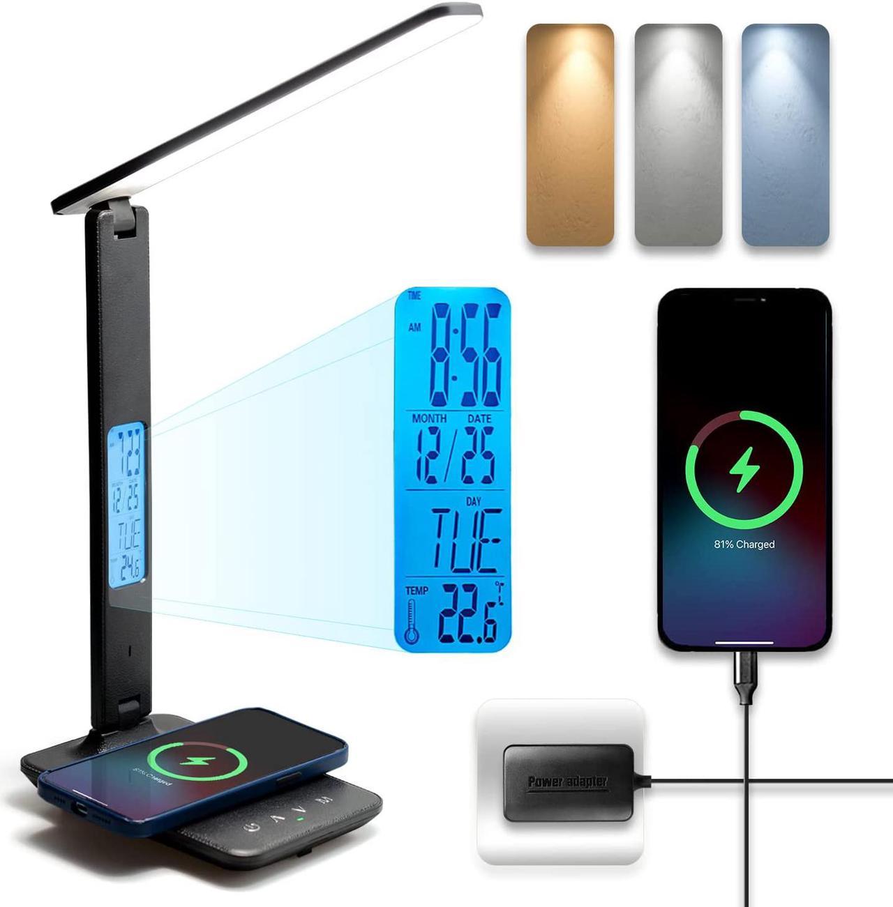 LED Desk Lamp, Desk Lamp with Wireless Charger, Suitable for Home, Office Dimmable Desk Lamp, with USB Charging Port, Built-in Clock, Calendar, Thermometer and Automatic Timing Reading Desk Lamp