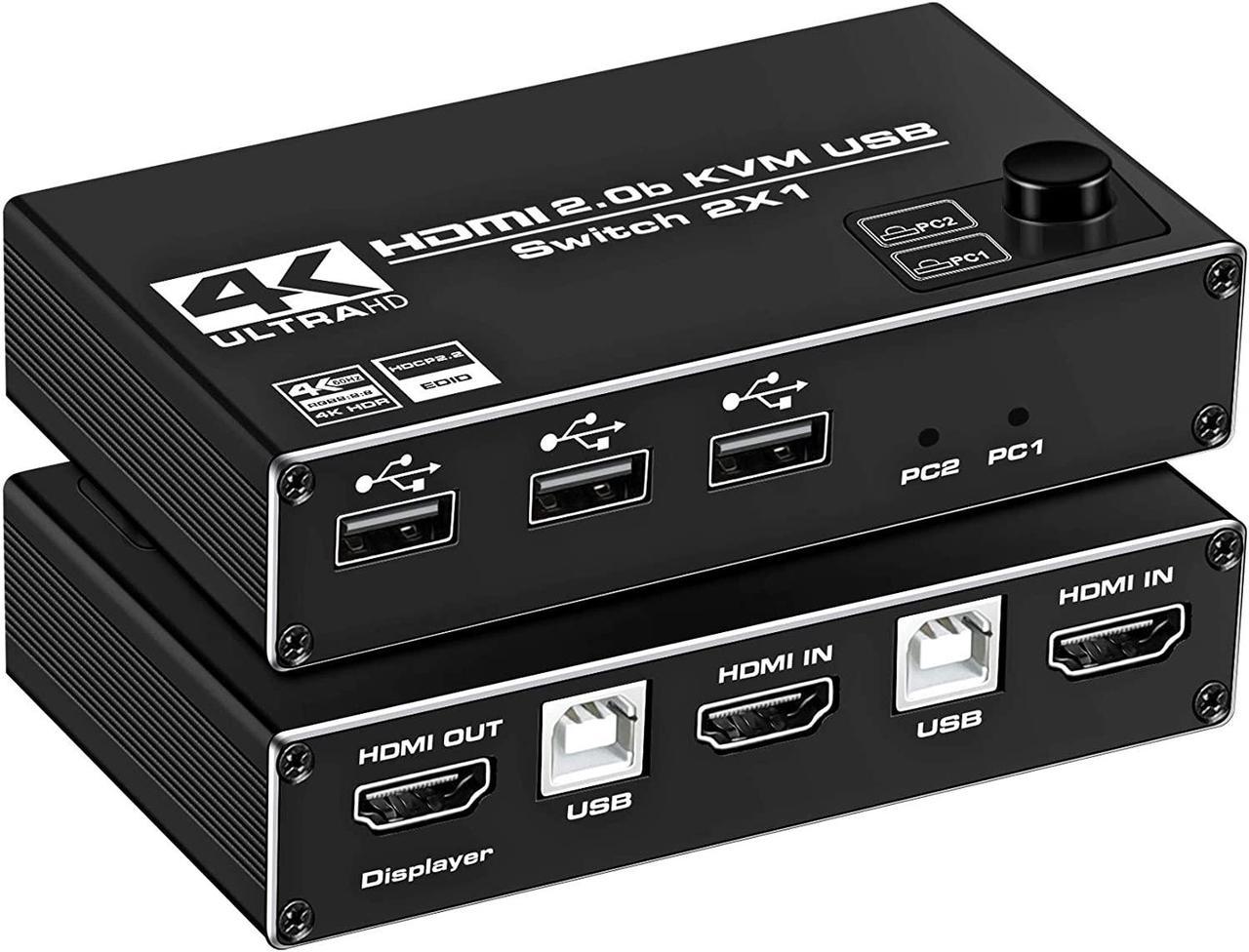 HDMI 2.0KVM Switch, 4K@60Hz USB Switch 2x1 HDMI2.0 Ports + 3X USB KVM Ports, Share 2 Computers to one Monitor, Support Wireless Keyboard and Mouse, USB Disk, Printer, USB Camera (Included 2 USB Cable)