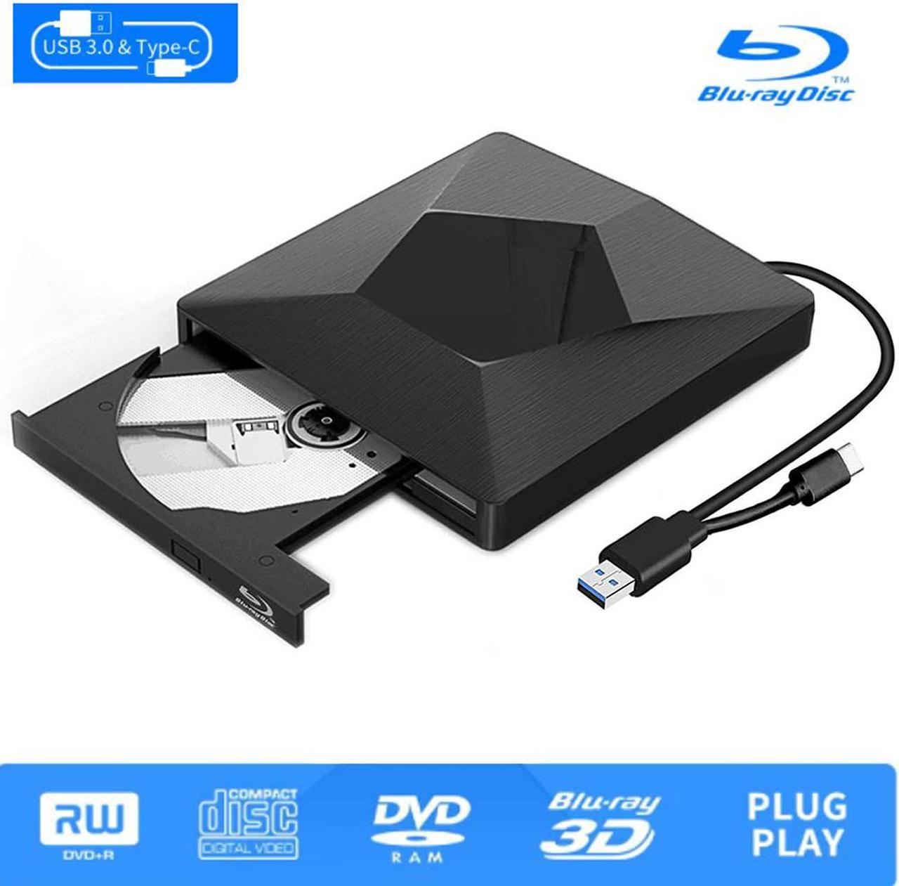 External Bluray CD/DVD Drive, 3D Blu Ray Burner Reader USB 3.0 and Type-C Blu-Ray Burner Writer Slim BD CD DVD Optical Bluray for Windows XP/7/8/10, MacOS for MacBook, Laptop, Desktop