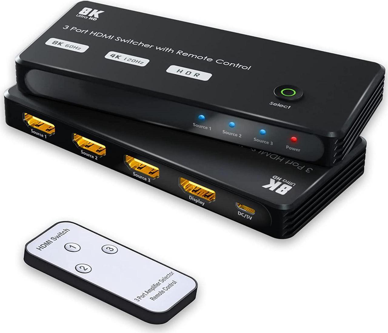 8K HDMI Switch 3 in 1 Out, Ultra-HD 48Gbps HDMI 2.1 Switcher with Remote Control, Support 8K @60Hz 4K @120Hz, Dynamic HDR, Compatible with PS5, Xbox X