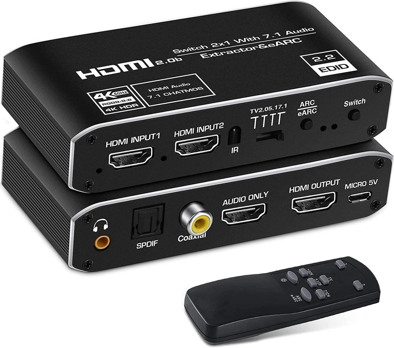 4K @60Hz eARC HDMI Swtich Audio Extractor,  2x1 HDMI Audio Converter with Remote Control, 7.1CH Atmos/ eARC/ARC/ Optical Toslink SPDIF/ Coaxial/ 3.5mm Audio Out, Supports HDCP2.3, HDMI2.0b