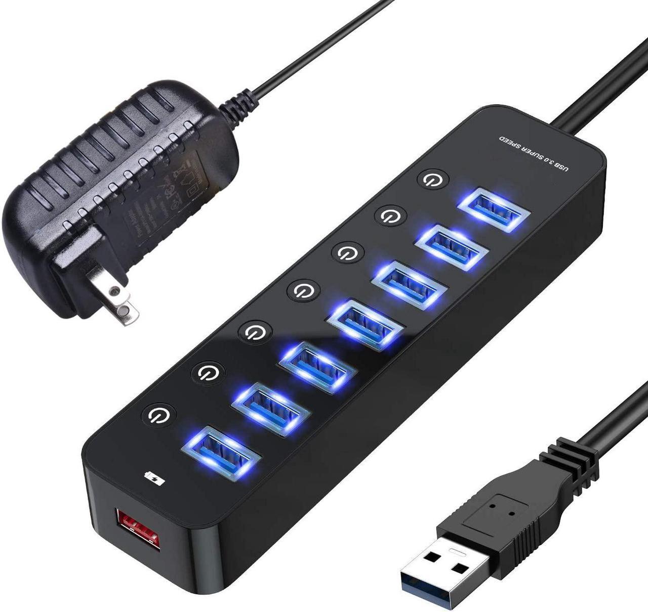 USB Hub 3.0, 7-Port USB Hub (7 USB 3.0 Data Ports + 1 USB Smart Charging Port) with 5V/4A Power Adapter Individual On/Off Switches for Mac Laptop HDD Disk