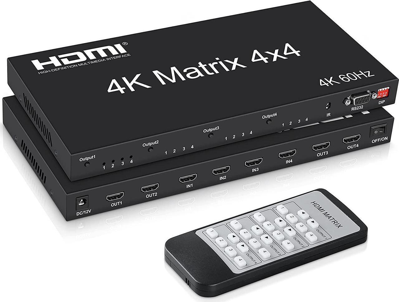 4x4 HDMI Matrix Switch 4K@60Hz, HDMI Matrix Switcher Splitter 4 in 4 Out with RS232 Control, HDMI Matrix Selector Box with EDID, Support Auto Downscaler, HDR, HDMI2.0, HDCP2.2, 18Gbps