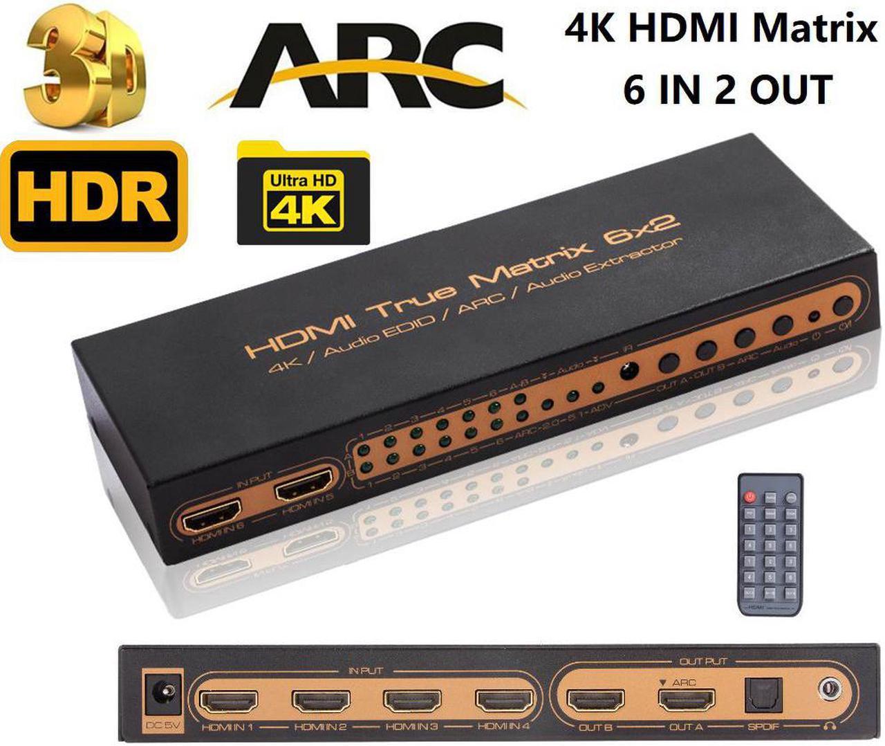 4K @30Hz 6x2 HDMI True Matrix SPDIF Splitter with ARC EDID Setting SPDIF Digital 5.1 Audio Extractor SPDIF 3.5mm Audio Out PIP HDMI Matrix 6 in 2 out HDMI Switch splitter