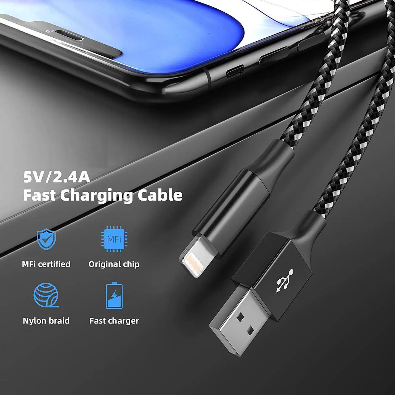 Alt view image 4 of 7 - for iPhone Charger Cable 3Pack 3.3ft/1M, [M-Fi Certified] USB to Light-ning Cable 2022 Upgrade Nylon Braided iPhone Cord Fast Charging Compatible for iPhone 12Pro Max/12Pro/12/11/Pro/X/8 and More