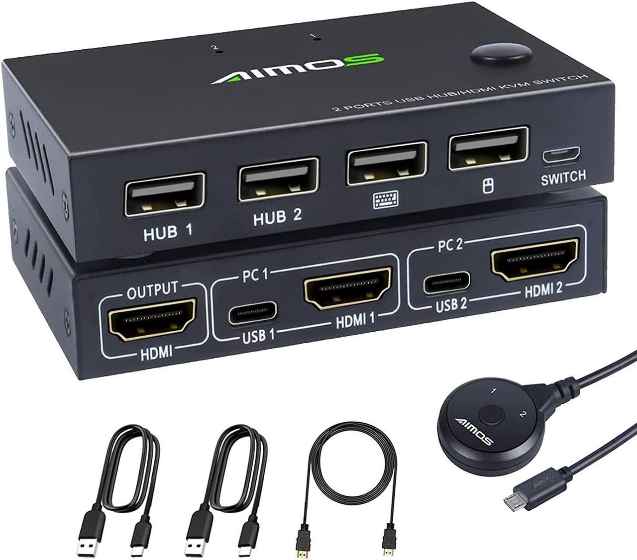 HDMI KVM Switch For 2 PCs, USB Switch 4K HDMI Switcher Box KVM Switch, 2 In 1 Out For 2 Computers Share Keyboard And Mouse Support 4K@30Hz, With 2 HUB Ports