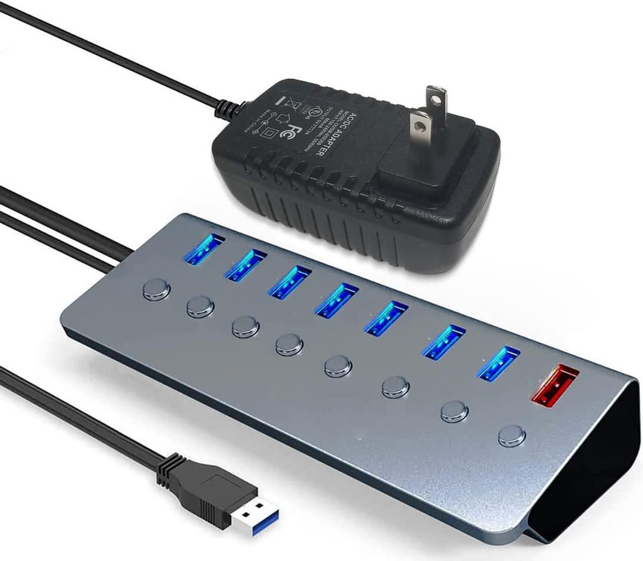 Powered USB 3.0 Hub 8 Port, External Multiport USB hub 1 Intelligent Charging Port + 7 xUSB 3.0 Data Ports with a Separate On/Off, with 1M Cable 5V/3A Power Supply Adapter, for Laptop Desktop PC etc