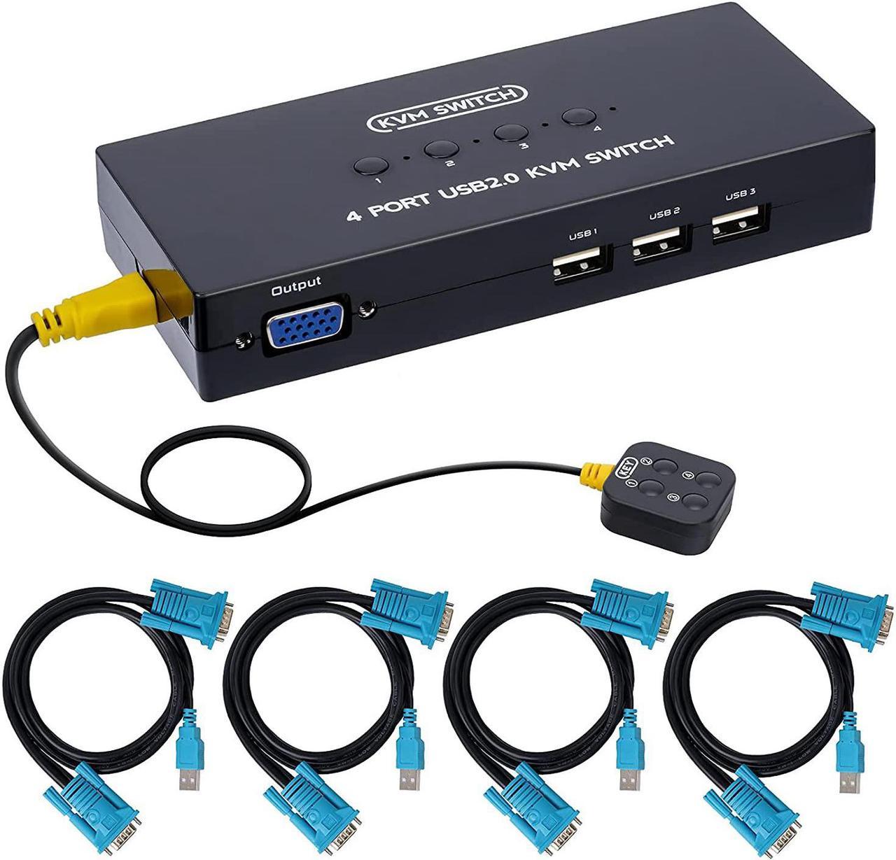 VGA KVM Switch 4 Port, USB VGA KVM Switcher for 4 Computers Share one Monitor 3 USB Devices Keyboard Mouse Scanner Printer, Including 4 KVM Cables & Desktop Control