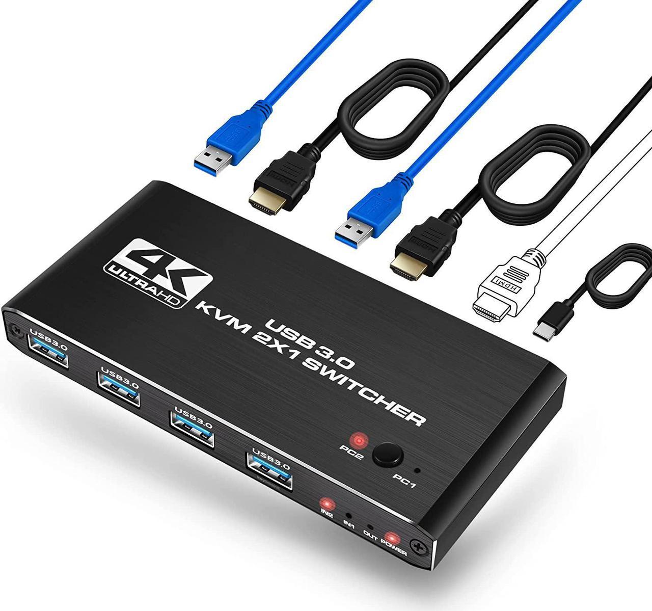 2 Port KVM Switch HDMI Box, 2 in 1 Out USB HDMI Switch 4K @60Hz with HDMI 2.0 cables and USB 3.0 cables , Supports two PCs Shared with One set Monitor Keyboard and Mouse