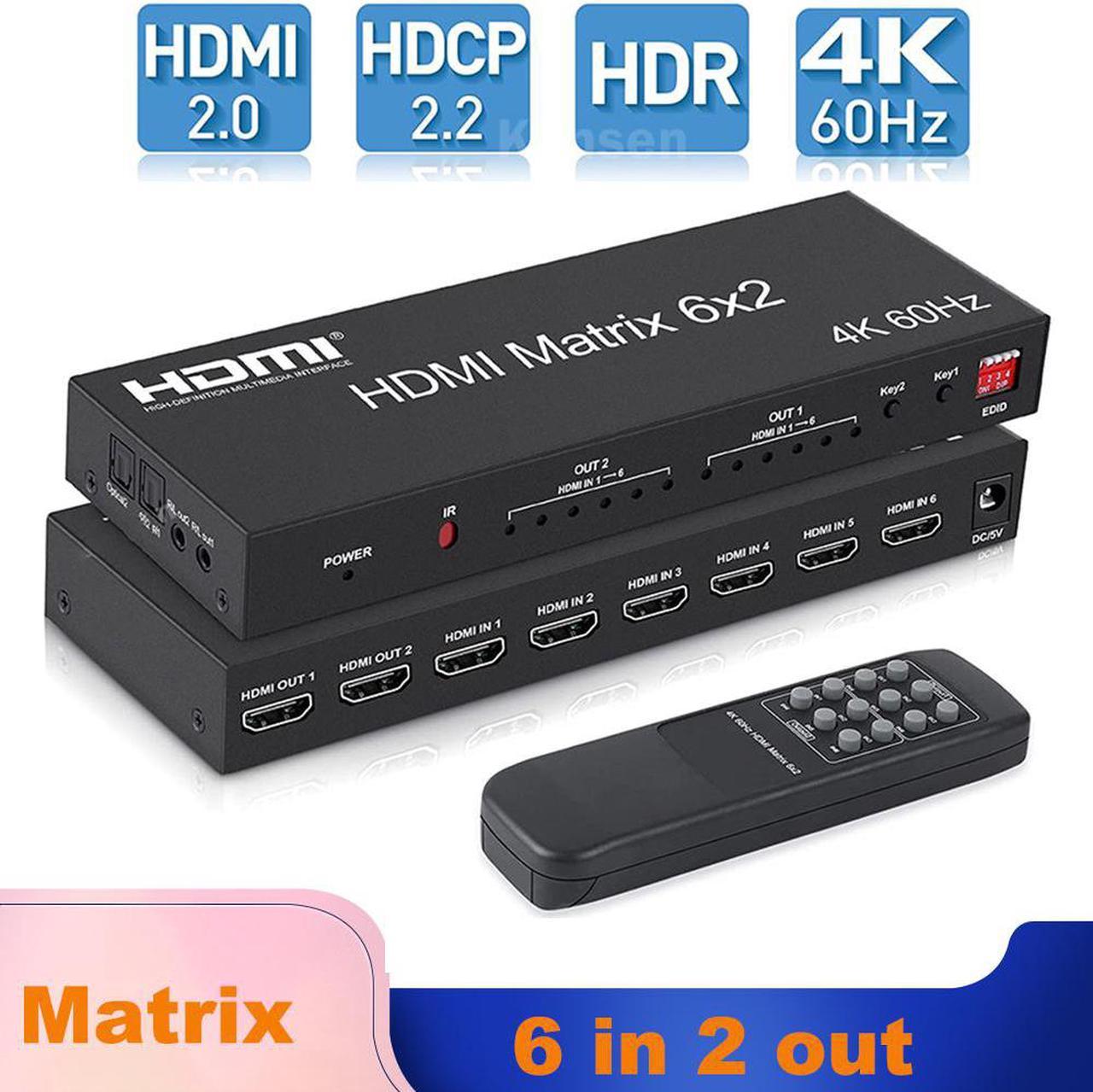 HDMI 2.0 Matrix 6x2 Switch Splitter, 6 in 2 Out HDMI Video Switcher Splitter with Audio Extractor/IR Remote Controller, HDR 4K @60Hz RGB/YUV 4:4:4 SPDIF Optical + 3.5 mm Jack Audio Output