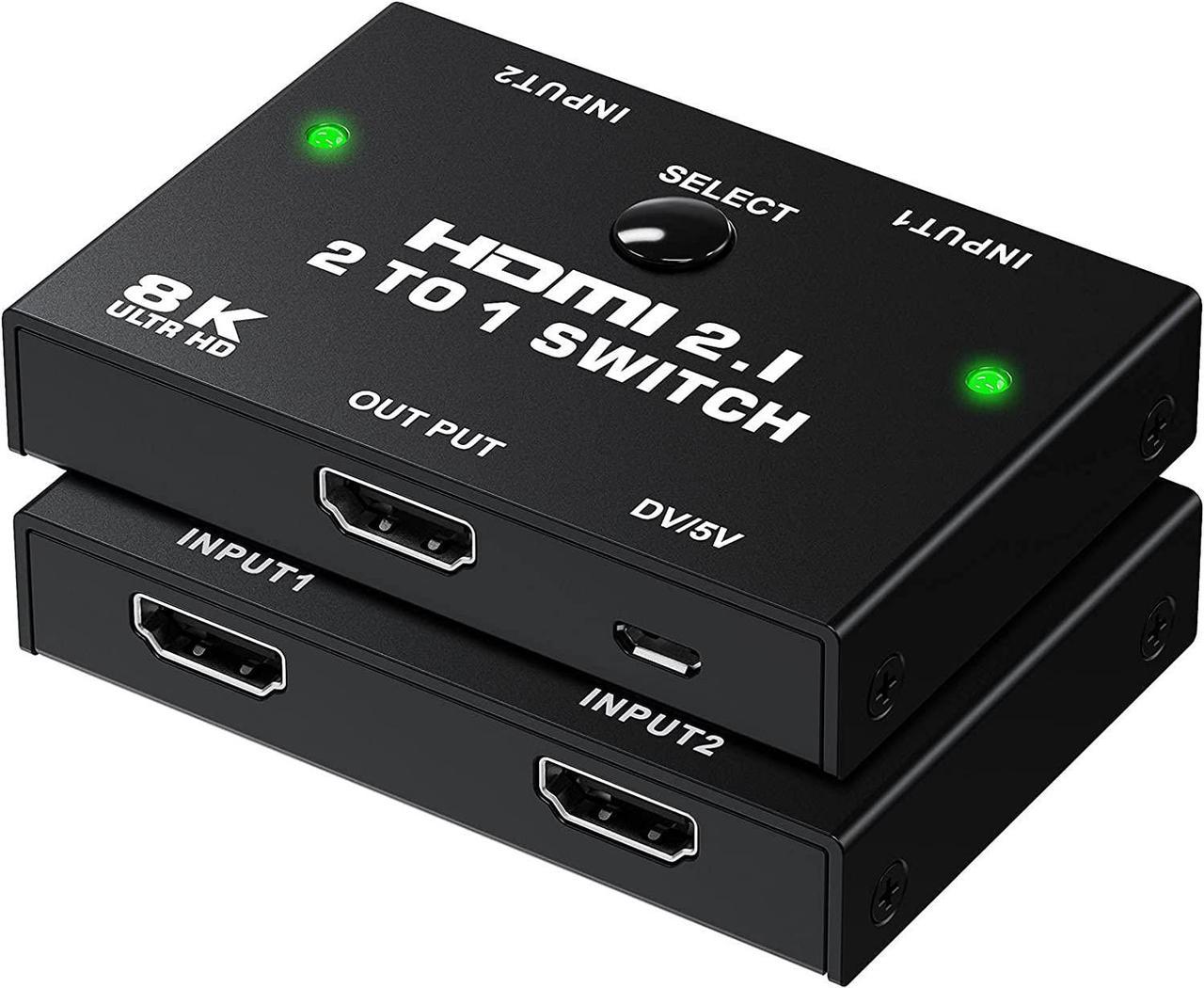 8K HDMI Switcher - 2 Ports HDMI 2.1 Switcher 2 in 1 Out HDMI Switcher Support 8K @60Hz 4K @120Hz 3D HDR for PS5 PS4 Pro Xbox One X Blue-Ray HDTV Player