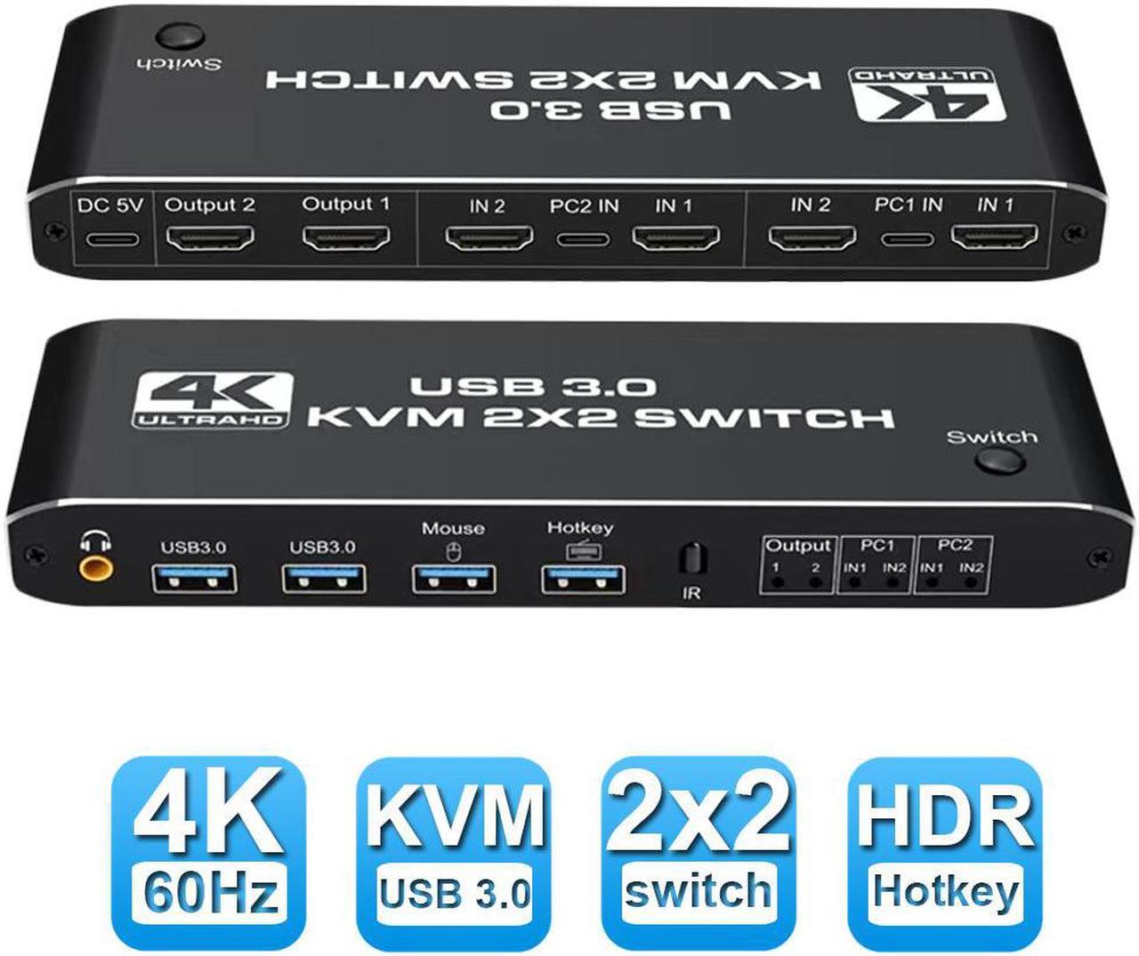 2x2 Dual Monitor HDMI KVM Switch 2 in 2 Out, 4K @60Hz 2 Port Dual Monitor USB 3.0 KVM Switch 1080P USB KVM Switcher HDMI with USB 3.0 port