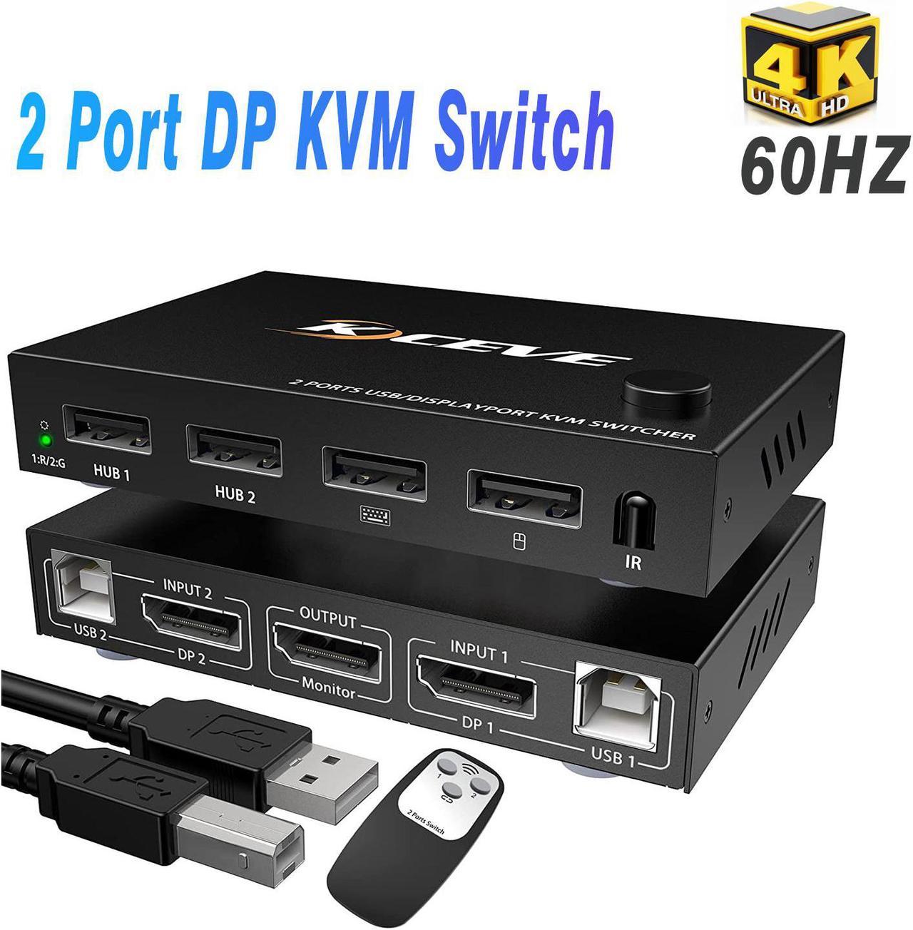 2 Port Displayport USB KVM Switch 2 in 1 Out, DisplayPort 2 Port DP Display Port KVM Switcher with 2.0 USB Hub Support 4K @60Hz (3840*2160)  for Share Keyboard Mouse Monitor