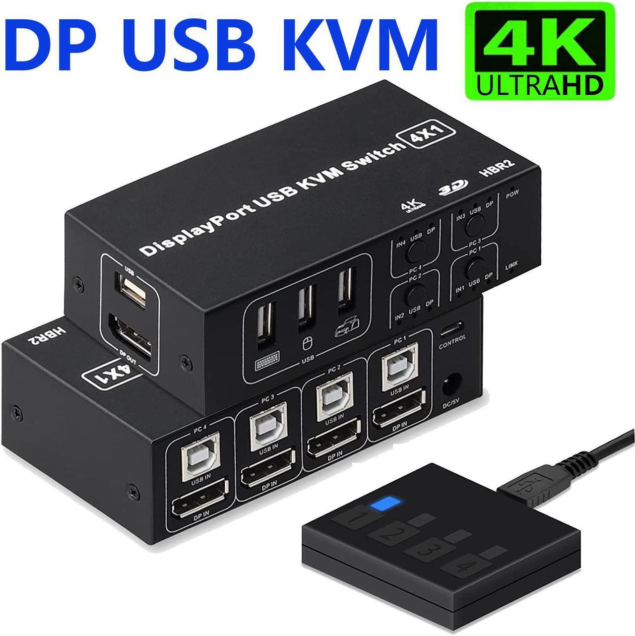 4 Port DisplayPort USB KVM Switch, 4K @60Hz 2K@120Hz Ultra HD 4x1 DP KVM Switcher 4 in 1 Out with 4 Pcs 5ft KVM Cables + 4 DP Cables Supports USB 2.0 Device