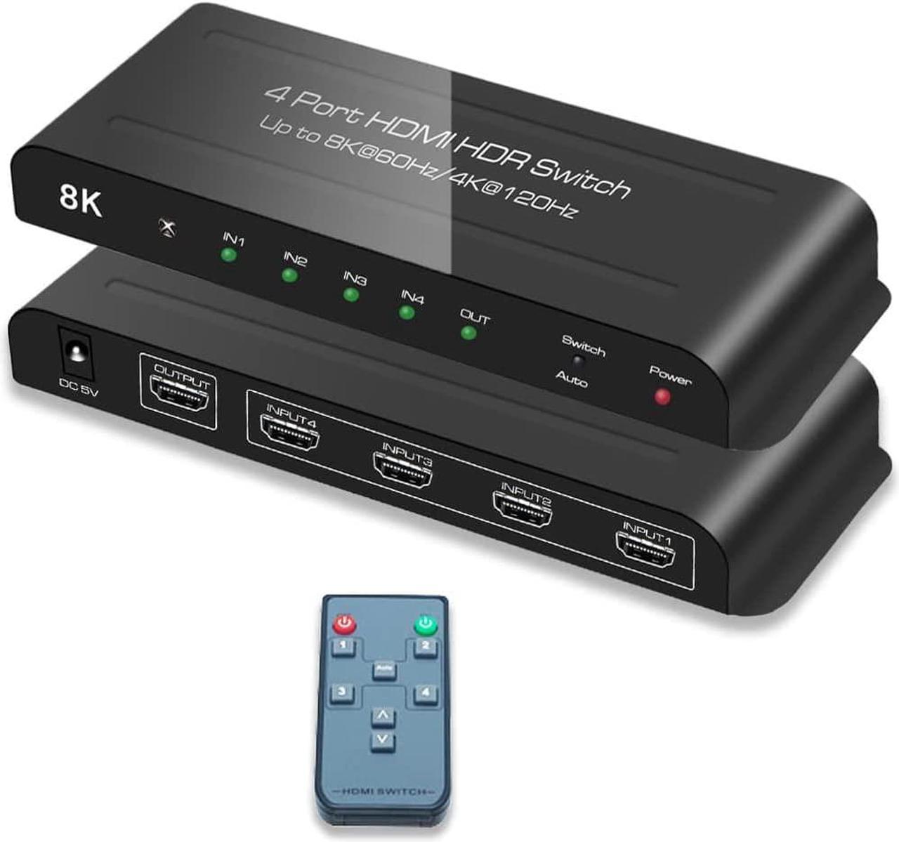 [Upgraded] HDMI 2.1 Switch 8K @60Hz 4K @120Hz 4 in 1 Out HDMI Auto Switcher with Remote Support 48Gbps, HDR10+, HDCP2.3, D-o-l-b-y Vision/ Atmos and CEC (with US Power Adapter)