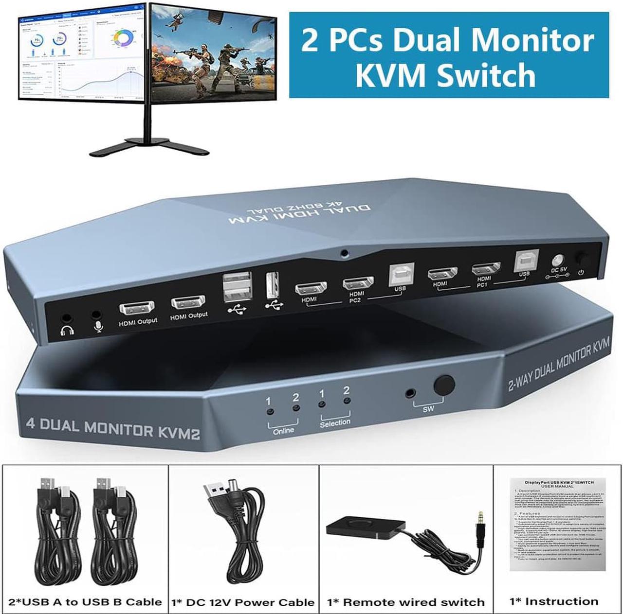 Dual Monitor HDMI 2.0 KVM Switch 2 Port Extended Display 4K @60Hz, USB KVM Switch HDMI 2 in 2 Out with Audio Microphone Output and 3 USB 2.0 Hub, 2 HDMI Monitors 2 Computers Switch, with 2 USB Cables