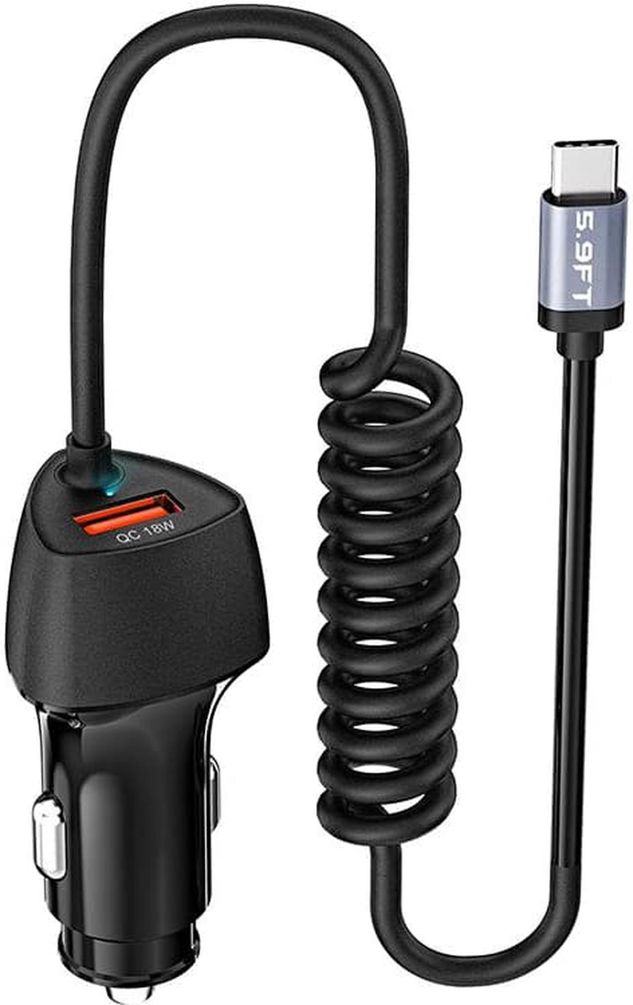 USB C Fast Car Charger 51W Dual Ports, Built-in 5.9FT Type C Phone Charger Cable, USB-C Port Charger with PPS 33W/PD 30W/&QC 18W, Compatible with IOS Android SMartphones