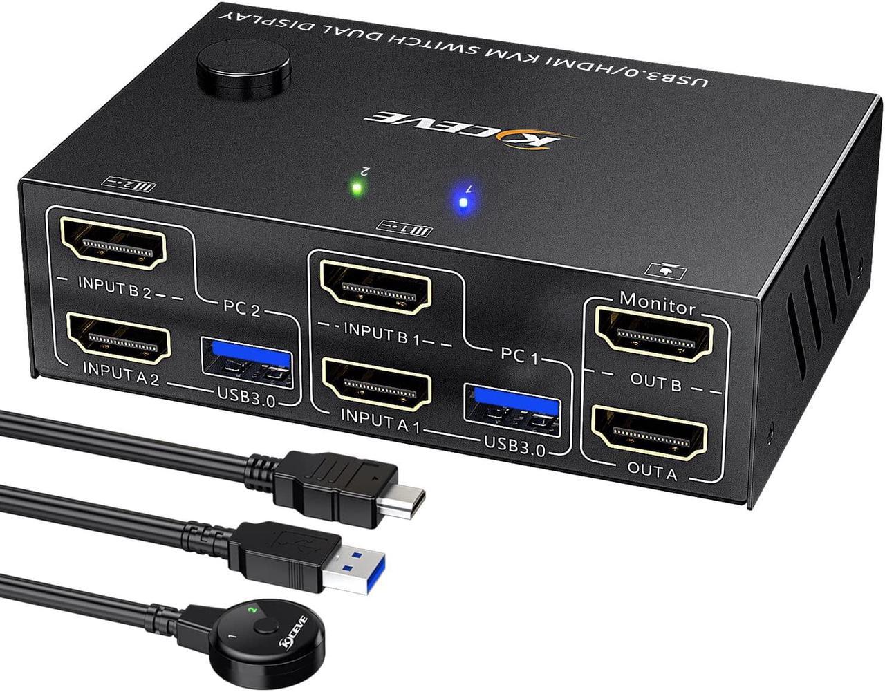 USB 3.0 Dual Monitor KVM Switch HDMI 4K @60Hz 2K @144Hz Simulation EDID, USB HDMI Extended Display Switcher for 2 Computers Share 2 Monitors and 4 USB 3.0 Ports, Wired Remote and Cables Included