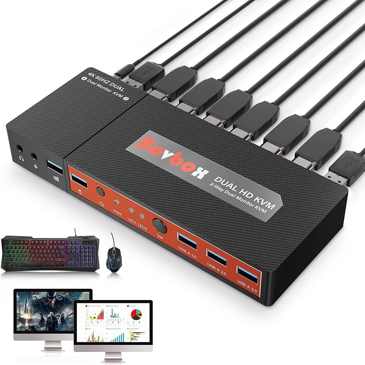 Dual Monitor HDMI KVM Switch 2 Port Extended Display, 4K @60Hz 4:4:4 KVM Switch 2 Monitors 2 Computers with 3x USB 3.0 Hub, Audio, Hotkey & Button Switching with 4 HDMI 2 USB Cables & Power Adapter