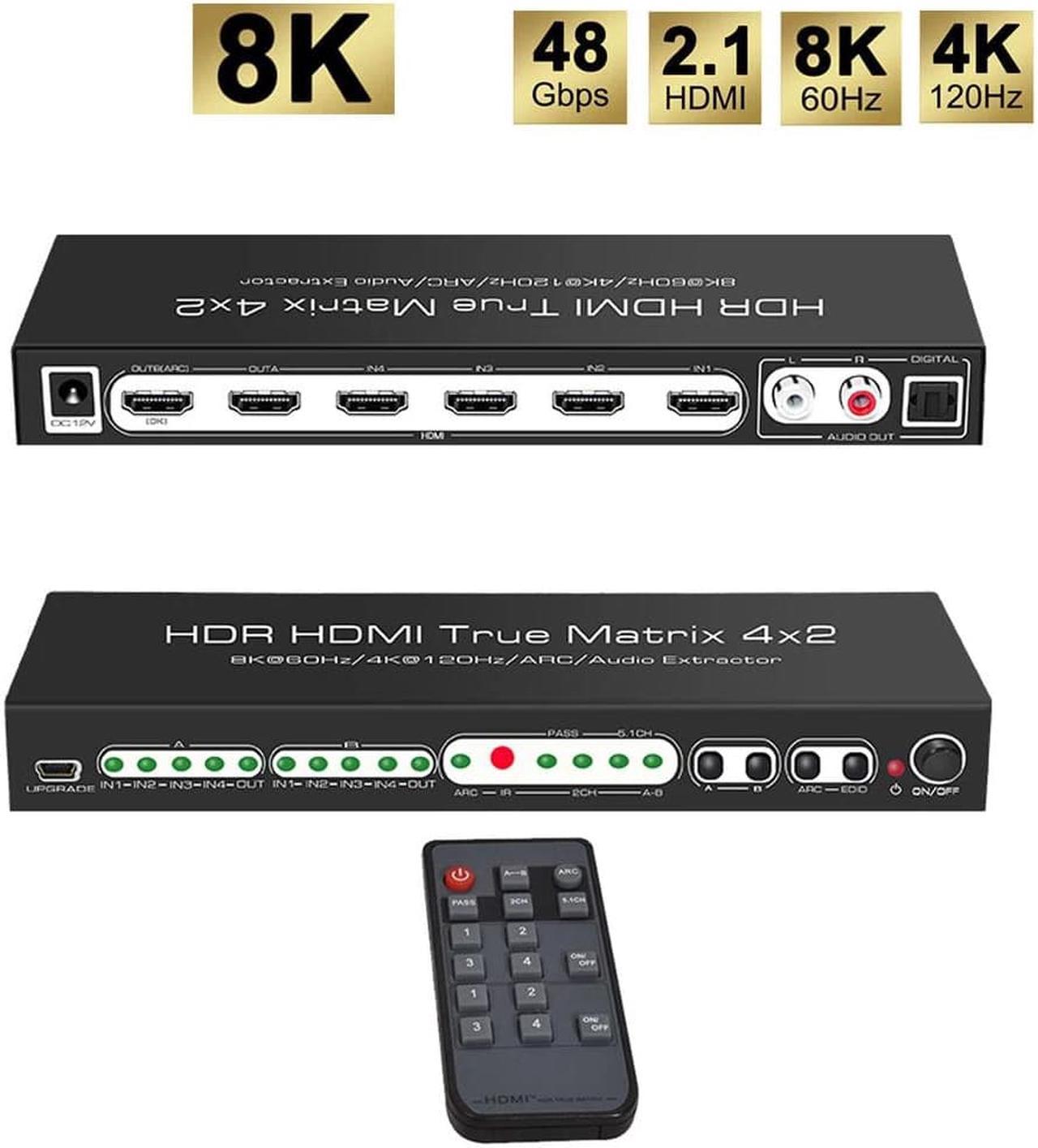 8K 4x2 HDMI Matrix Switch w/ Audio Extractor | 8K @60Hz 4K @120Hz HDR, Supports ARC, Optical + RCA Audio Output, IR Remote 4 In 2 Out HDMI Switcher for Xbox, PS5, Blu-ray