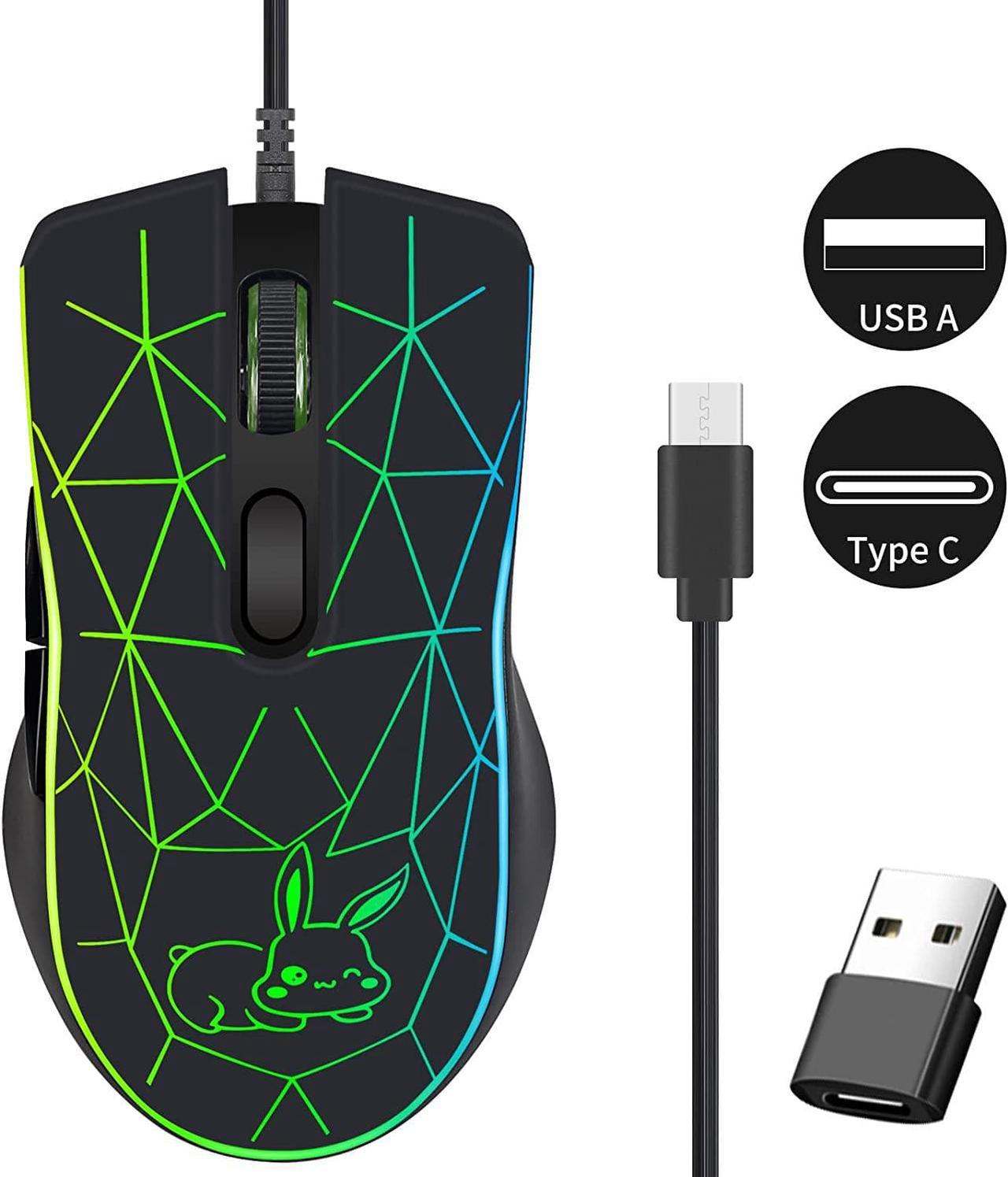 Wired USB C Gaming Mice with USB Adapter, Wired Gaming Mouse with 4 Adjustable DPI [800/1200/1600/2400 dpi], 6 Buttons and 7 Colors Backlit for Windows, Linux & MacOS with Type C Port-Rubber