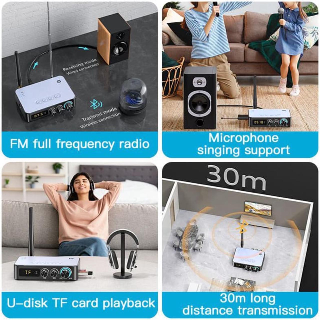 Alt view image 7 of 7 - 4-in-1 Bluetooth 5.1 Transmitter Receiver for TV Wireless Bluetooth Adapter with Optical AUX RCA 6.5 Mic Connection, Low Latency NFC Audio Adapter with FM Radio Simultaneously for Home Party KTV