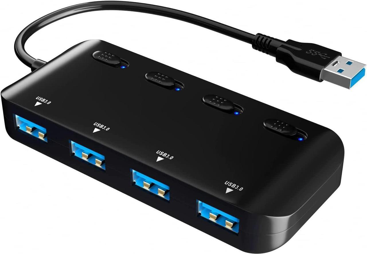 USB 3.0 Hub Splitter, 4-Port USB Extender Hub for Laptop, Multi USB Port Expander Adapter with Individual Power Switches for Windows, MacOS, Linux Computer Laptop ..