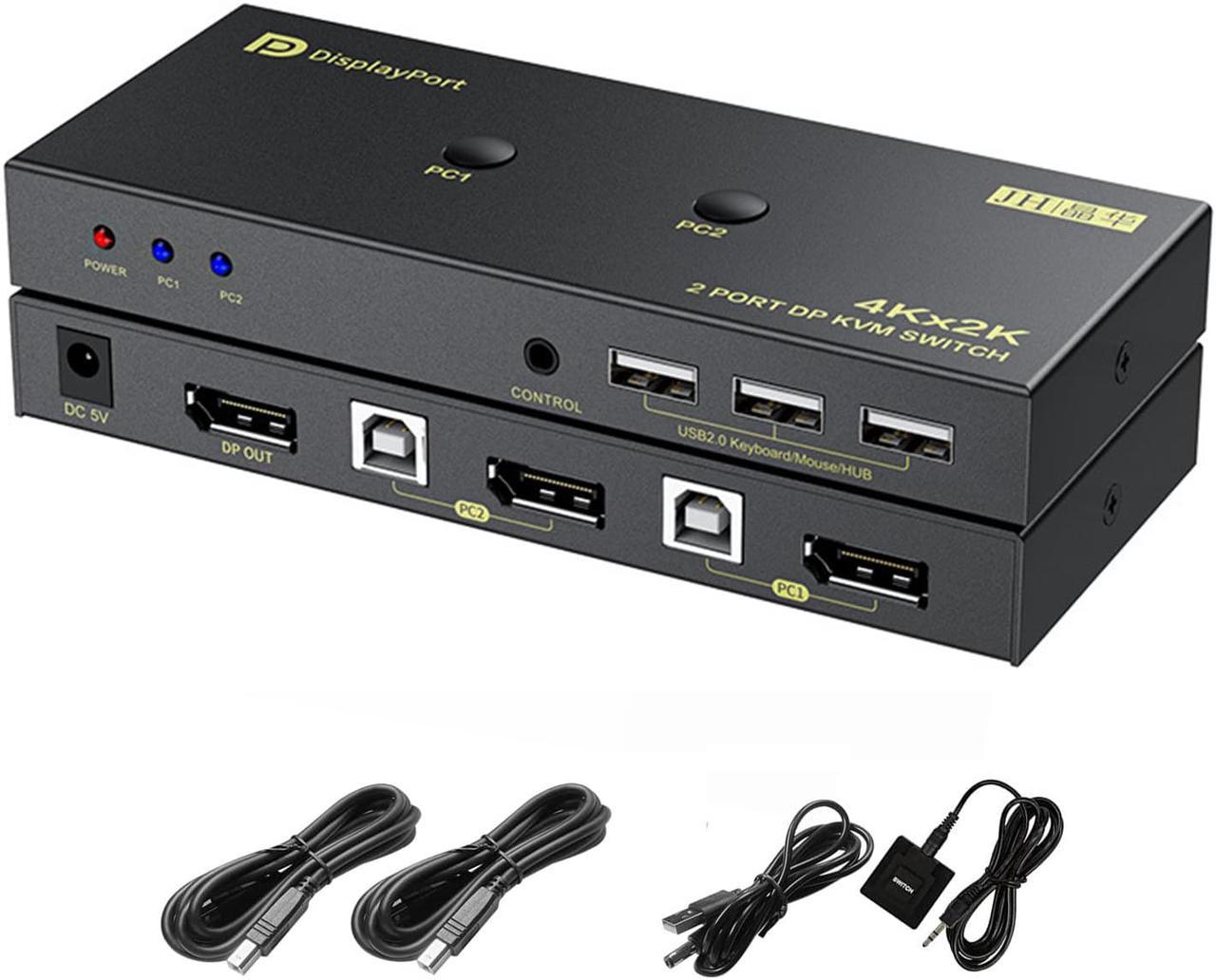 2 Port DisplayPort KVM Switch with USB 2.0 Ports, DP 1.2 4K @60Hz Display Port KVM Switcher Box for 2 Computers Sharing 1 Monitor Keyboard Mouse Peripherals Selector Box with USB Cables