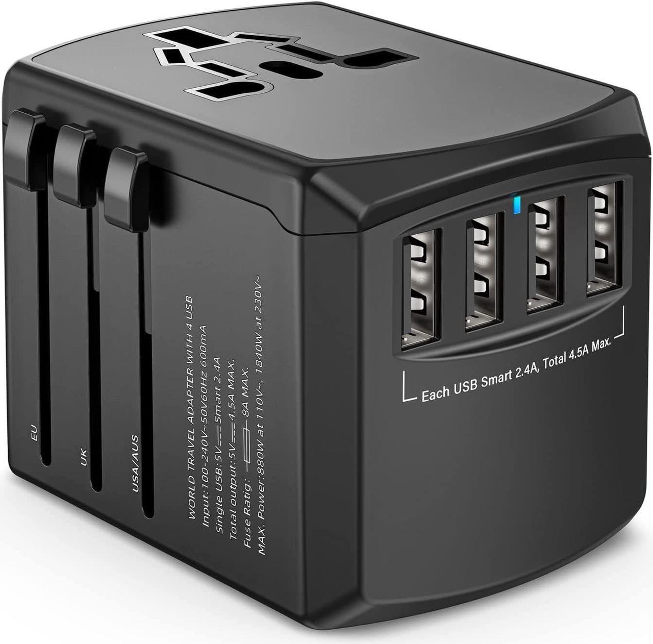 Universal Travel Adapter, International Wall Plug Adapter with 4 USB Ports(2.4A),  AC Outlet Worldwide Adapter Wall Power Charger Converters for USA EU Europe UK AUS (Type C/G/A/I)