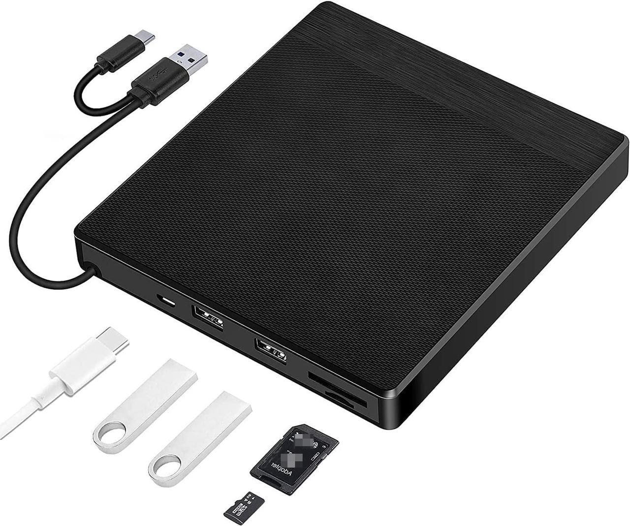 External CD/DVD Drive for Laptop, USB 3.0 & Type-C External CD/DVD +/-RW DVD Burner Reader External Optical CD DVD Drive with SD TF Card Reader 2 USB Port for Laptop Desktop Mac OS Windows Linux