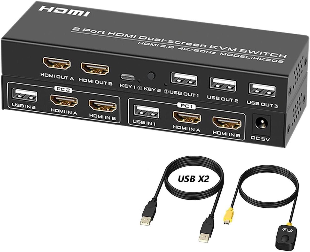 Dual Monitor HDMI KVM Switch 2 Port 4K @60Hz, USB HDMI Extended Display Switch for 2 Computer Share 2 Monitor and 3 USB 2.0 Device Keyboard Mouse, Desktop Controller and USB Cables Included