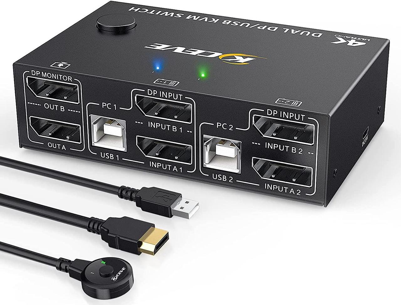 Dual Monitor Displayport KVM Switch DisplayPort 1.4 8K @30Hz 4K @144Hz, DP Extended Display Port KVM Switch for 2 Computers Share 2 Monitors and 4 USB 2.0 Ports, Wired Remote and 4 Cables Included