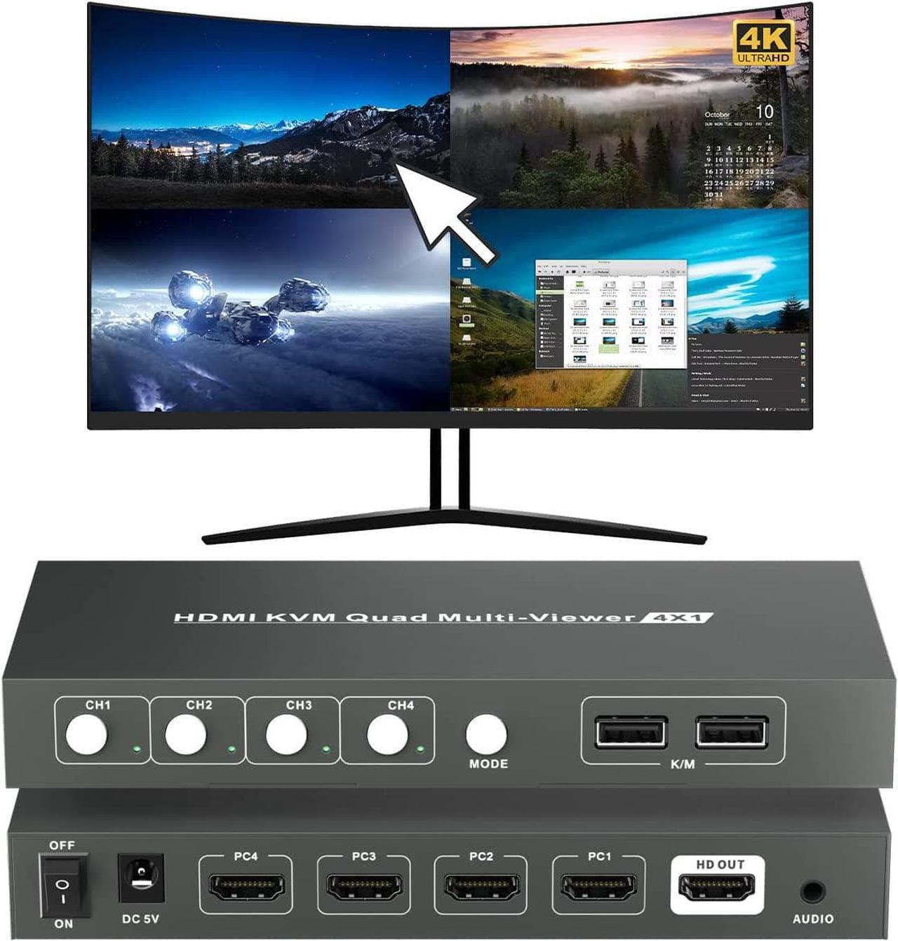 HDMI Switch Multiviewer 4x1,4K@30Hz HDMI Multiviewer Switch, HDMI Quad Multiviewer Seamless Switch 4 in 1 Out, HDMI KVM Switch with 2 USB and Audio Ports,Support Mouse Sliding Switch Control