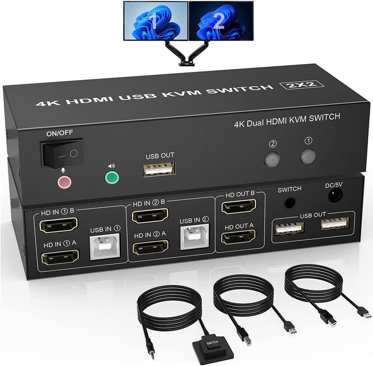 2 Port Dual Monitor HDMI KVM Switch 2 in 2 Out, 4K @60Hz Extended Display KVM Switch 2 Monitors 2 Computers with Audio Microphone Output and 3 USB Ports, PC Monitor Keyboard Mouse Switcher