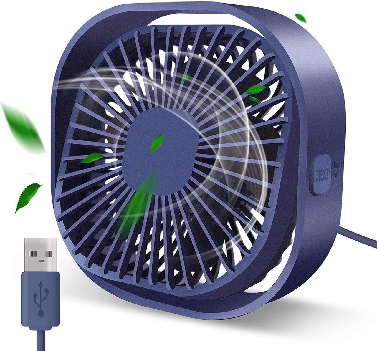 Small USB Desk Fan, 4 Inch Personal Portable Table Cooling Fan 3 Speeds Quiet Mini 360° Rotation Desktop Fan with Cable Powered by USB for Home Office Bedroom Car Outdoor Camping Travel (Blue)