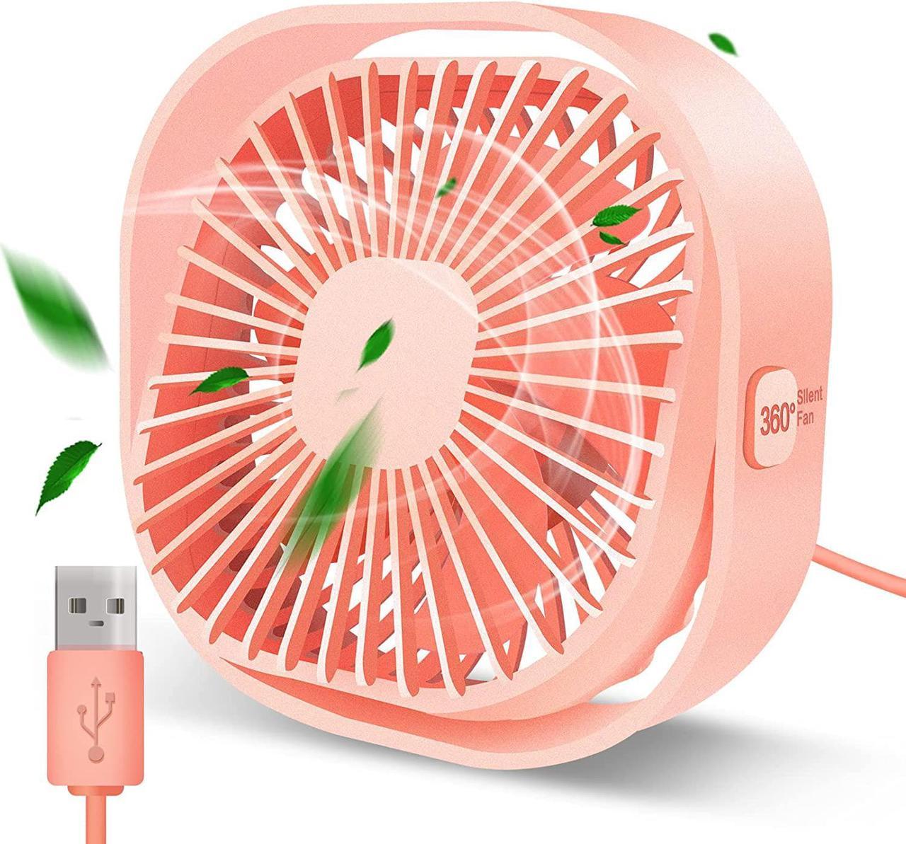 Small USB Desk Fan, 4 Inch Personal Portable Table Cooling Fan 3 Speeds Quiet Mini 360° Rotation Desktop Fan with Cable Powered by USB for Home Office Bedroom Car Outdoor Camping Travel (Pink)