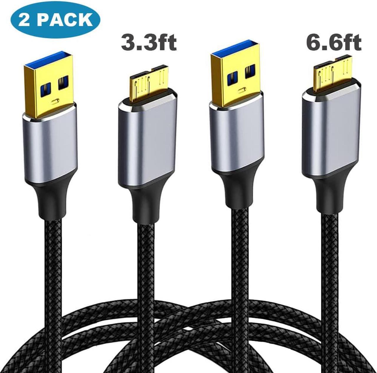 [2 PACK] USB 3.0 to Micro B Hard Drive Cable [3.3FT+6.6FT], USB3.0 USB A to Micro B Cable Nylon Braided Cable, USB A to Micro B Cord Support Charge & Data Sync for S5/Note 3, Camera, Hard Drive etc..