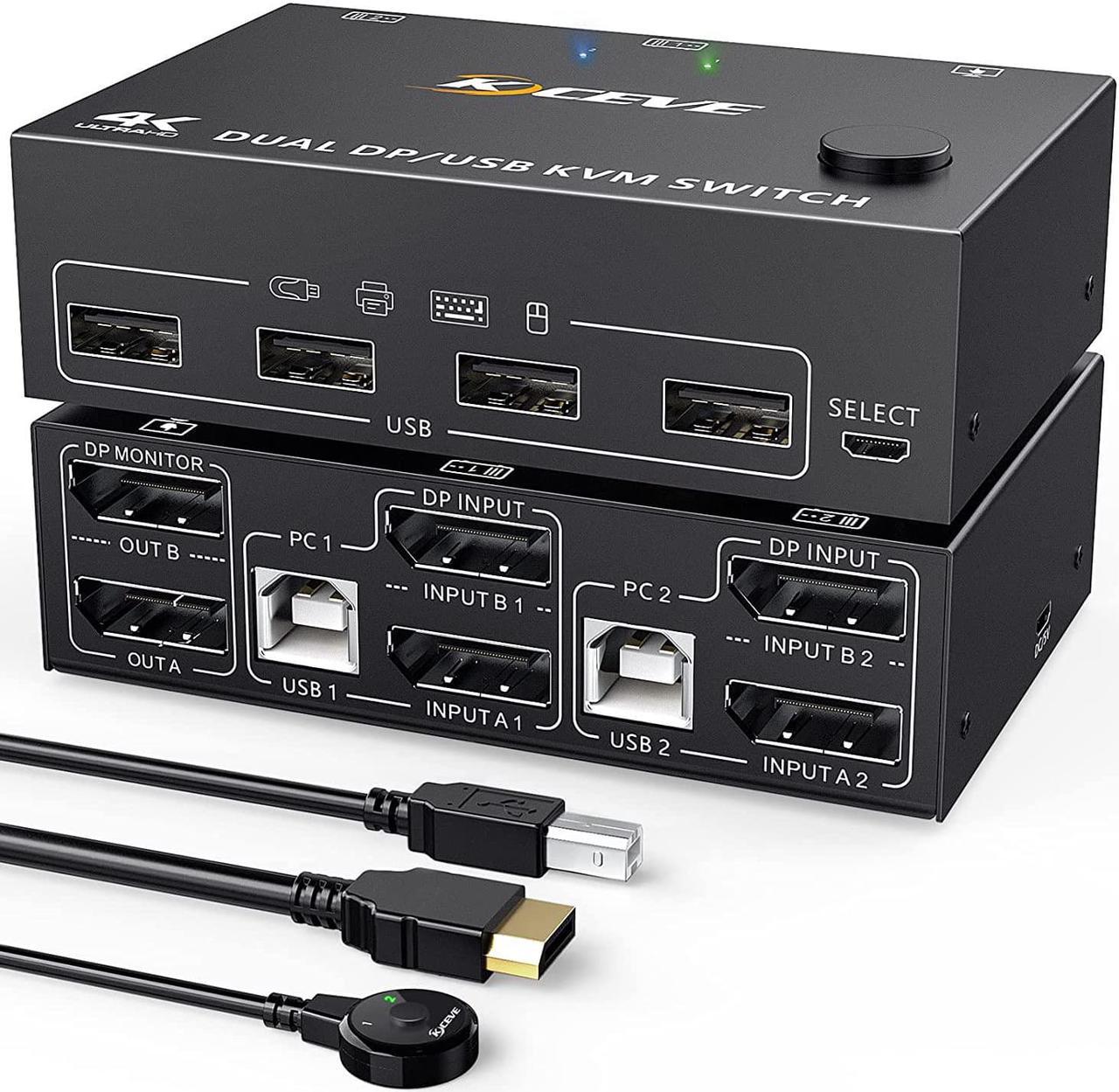 2 Port DP KVM Switch Dual Monitor, 8K@30Hz 4K@144Hz DisplayPort KVM Switch 2 in 2 Out, with 4 USB Port for 2 Computers 2 Monitors, Backward Compatible DP1.2 with DP+USB Cables and Wired Controller