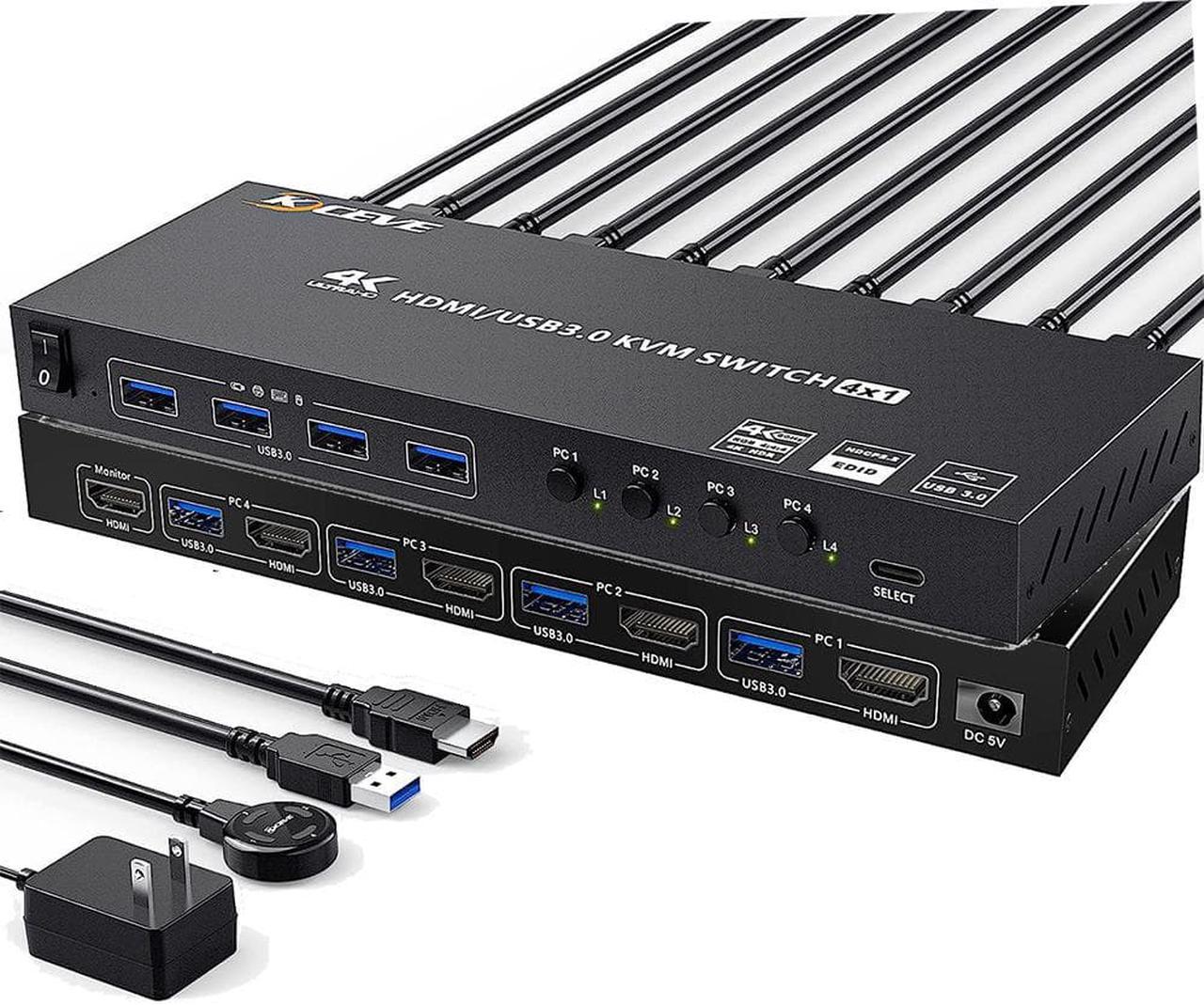 USB 3.0 KVM Switch HDMI 4 Port Support 4K @60Hz 2K @120Hz Simulation EDID, HDMI USB3.0 Switch for 4 Computers Share 1 Monitor with 4 USB 3.0 Port, with Desktop Controller and KVM Cables