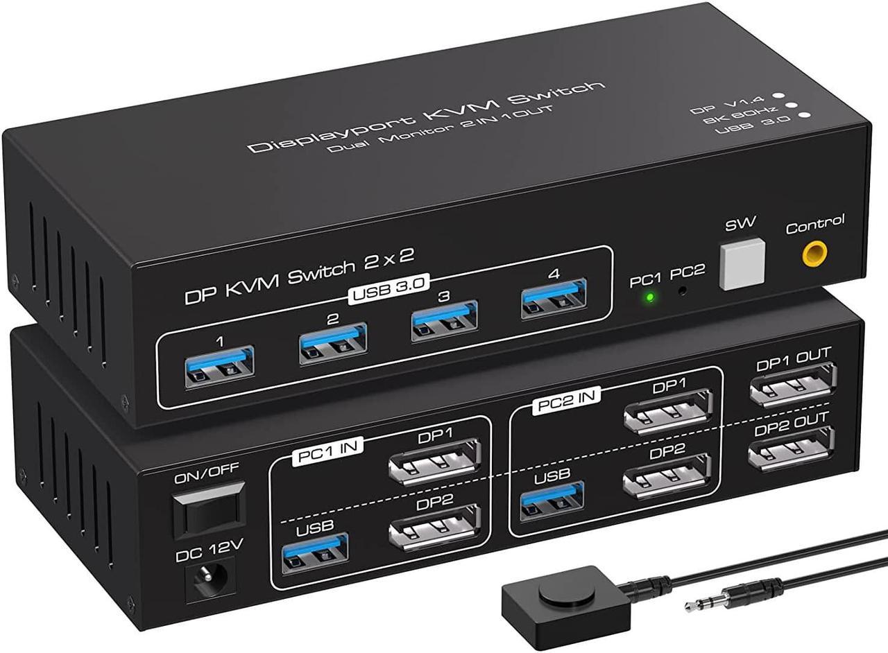 2 Port Dual Monitor Displayport KVM Switch, 2 in 2 Out DP1.4 KVM Switch for 2 Computers 2 Monitors Share Keyboard Mouse Printer Support 4K @120HZ 8K @60HZ with 4 Port USB 3.0 Support Desktop Control