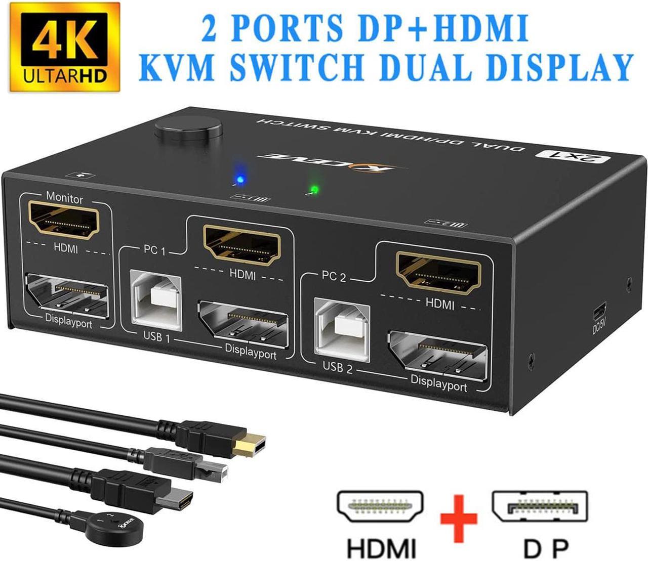 Dual Monitor Displayport+HDMI KVM Switch 4K@60Hz,2K@120Hz, HDMI DP Extended Display Switcher USB KVM Switch for 2 Computers Share 2 Monitors and 4 USB 2.0 Ports,Wired Remote and 4 Cables Included