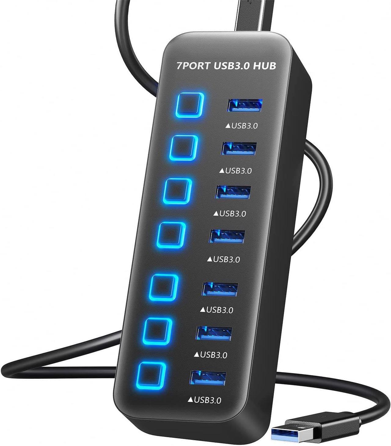 AUTYUE USB Hub 3.0 7 Port, USB Data Hub Splitter with LED Individual On/Off Switches and Lights, 5Gbps High Speed USB Port Expander for Mac-Book, Mac Pro, Mac Mini, i-Mac, Surface Pro, XPS, PC