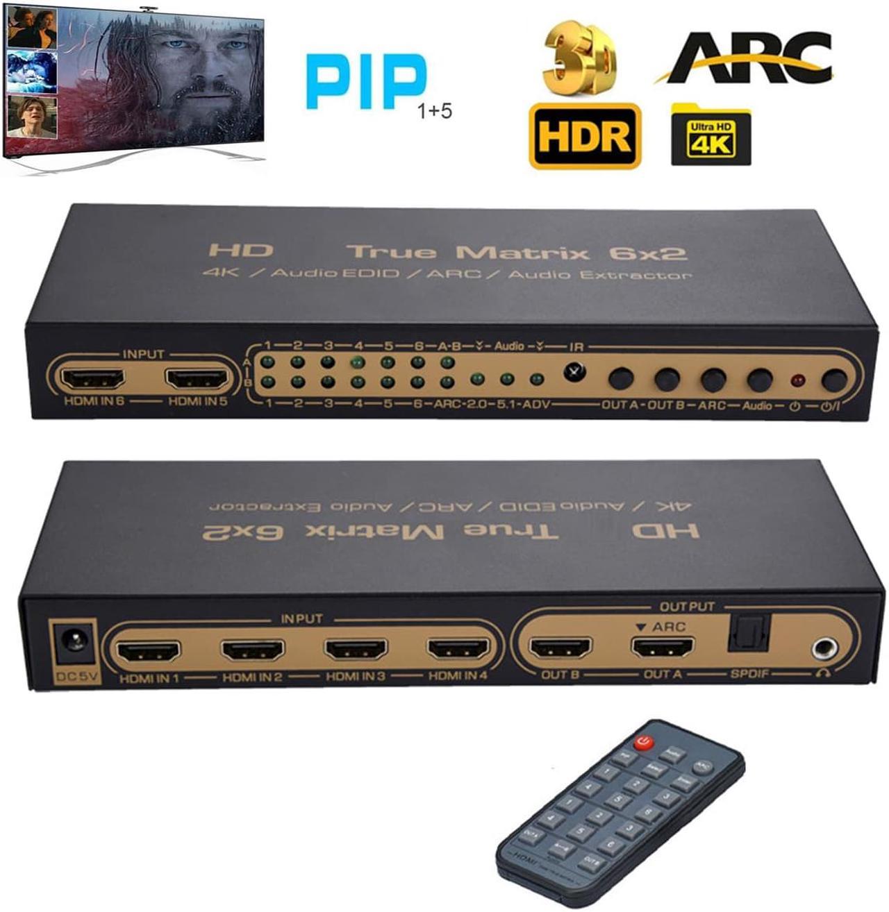 4Kx2K @30HZ 6x2 HDMI True Matrix SPDIF Splitter, HDMI Matrix Switch 6 in 2 Out with ARC/PIP Function| HDMI Audio Extractor,2.0CH/ 5.1CH/ ADV Audio Mode| SPDIF or 3.5mm Headphone Audio Output