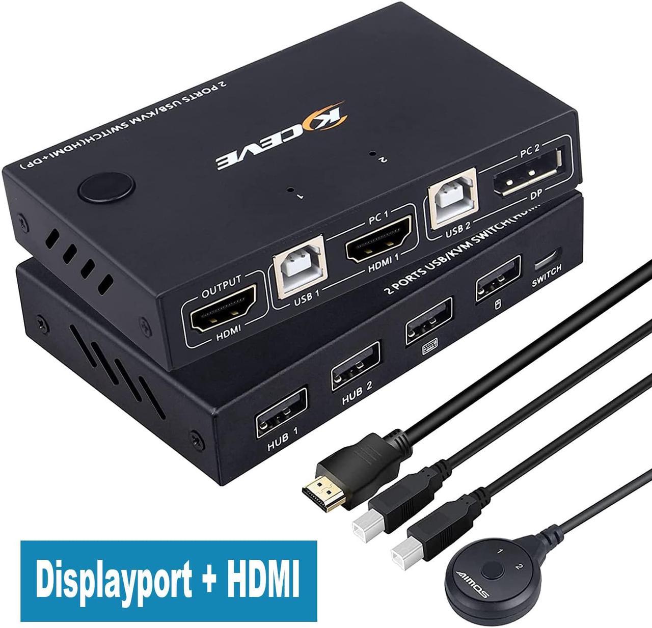 2 Port Displayport + HDMI KVM Switch, HDMI and Displayport USB KVM Switch for 2 Computers Share One Set Keyboard Mouse Printer and One Monitor, DP Support for 1920 * 1200@30Hz HDMI Support 4K @30Hz