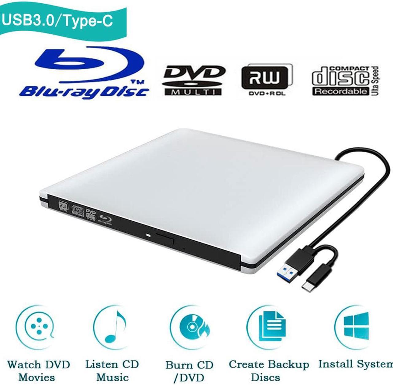 Aluminum External 3D Blu Ray CD DVD Optical Drive, USB 3.0 Type-C Blu-ray CD/DVD+/-RW Burner Player Writer Reader Rewriter, External CD/DVD Drive for Laptop Desktop with Windows XP/7/8/10 Mac OS