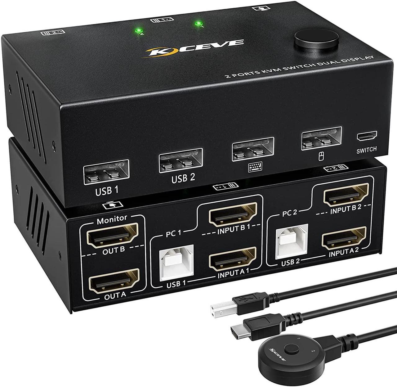 2 Port Dual Monitor HDMI KVM Switch 4K @30Hz, HDMI USB KVM Switch for 2 PCs 2 monitors with 4 USB 2.0 Hub, KVM switch with 2 HDMI and 2 USB cables, Button Switch, Compatible with Windows/Linux/Mac OS