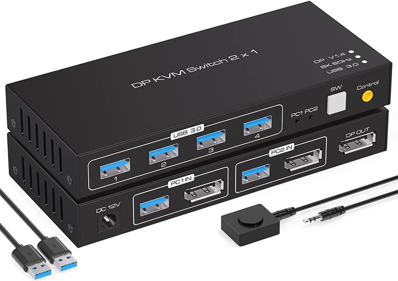 2 Port Displayport KVM Switch 2 in 1 Out, 8K DisplayPort 1.4 USB 3.0 KVM Switch for 2 Computers Share Keyboard Mouse Printer Support 8K 60HZ 4K 120Hz with 4 Port USB 3.0 Support Desktop Control