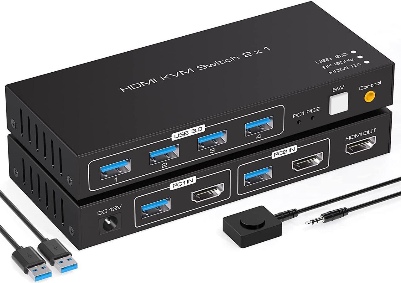 2 Port HDMI KVM Switch 2 in 1 Out, USB 3.0 KVM Switcher for 2 Computers Share Keyboard Mouse Printer Support 8K @60HZ 4K @120HZ with 4 Port USB 3.0 Support Desktop Control Including 2 USB 3.0 Cable