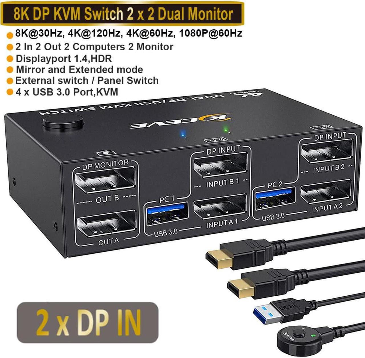 USB 3.0 DP KVM Switch for 2 PC 2 Monitors, 8K @30Hz 4K @144Hz Extended Display, 2 in 2 Out Dual Monitor Displayport 1.4 KVM Switch for 4 USB Devices Mouse Keyboard, with 2 USB3.0 and 2 DP Cables