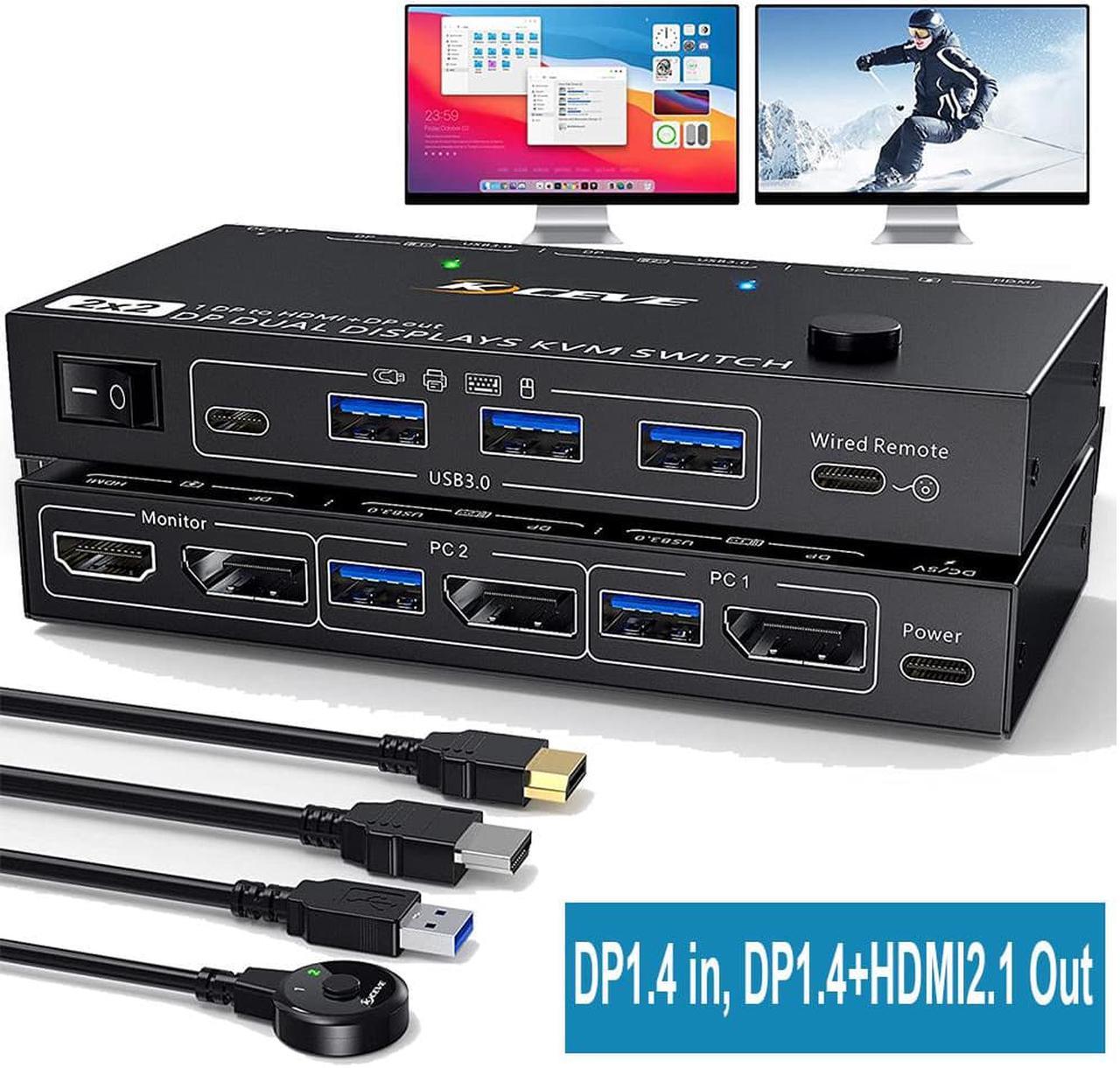 MST Displayport KVM Switch 2 Monitors 2 Computers 4K @144Hz, (1 DP in,DP+HDMI Out), Dual Monitor KVM Switch Displayport 1.4 with 4 USB 3.0 Port for USB Device, Wired Remote and 4 Cables Included